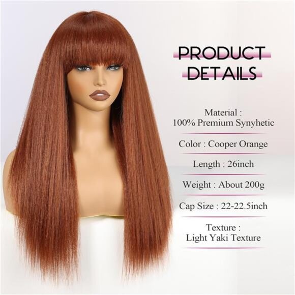 Long Straight Yaki Wigs for Women with Bangs Comfortable Elastic Band 26 - Picture 2 of 7